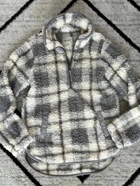 WOMENS XS ABERCROMBIE Cozy Gray Plaid Sherpa Pullover